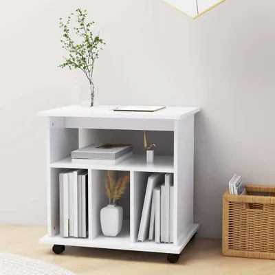 A white storage cart with shelves and drawers, decorated with a vase of plants and books.