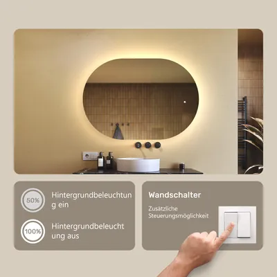 Produktbild von Badspiegel 100x70cm - Ovalmit LED Beleuchtung - LED Dual und Touchsensor