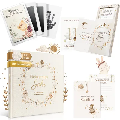 Produktbild von EULENTALER® Babyalbum mein erstes Jahr Set mit Leinen & Goldprägung I 3er Set : Babytagebuch erstes Jahr, 48 Meilensteinkarten & Baby Abdruck Set