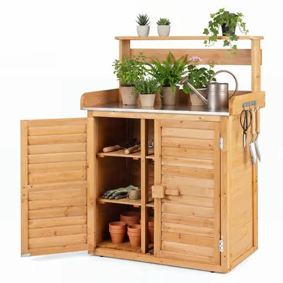 Image de COSTWAY Table à plantes avec meuble bas, plan de travail & étagères amovibles, table de travail outdoor résistante aux intempéries, table à fleurs 87x45x120cm nature