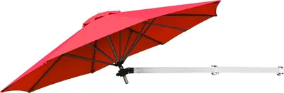 A red cantilever umbrella is shown against a white background.