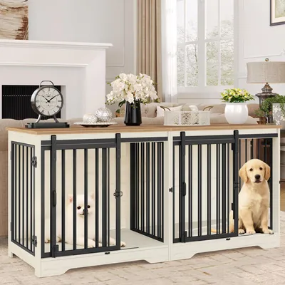 Produktbild von Hundebett / Hundebox Weiß-Braun - Doppeltes Hundebett mit abnehmbarer Trennwand und TV-Standfuß