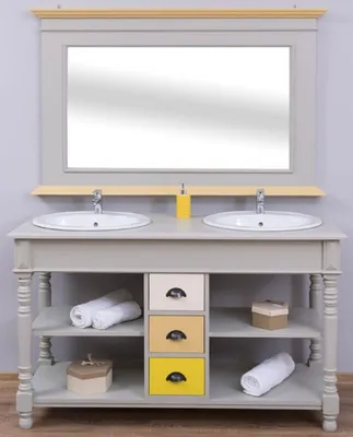 Image de Casa Padrino Ensemble de salle de bain de style rustique Gris / Naturel / Multicolore - 1 double vasque & 1 miroir mural - Meubles de salle de bain en bois massif de style rustique
