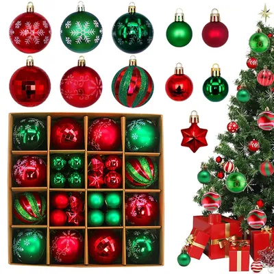 Weihnachtskugeln 44er Set, unzerbrechlich, Kunststoff, rot-grün