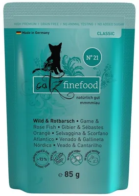 Produktbild von Catz finefood N° 21 - Wild & Rotbarsch, Adult, Fisch, 85 g, Getreidefrei, Ohne Soja, Ohne künstliche Farbstoffe