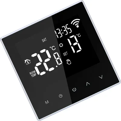 A digital thermostat display.