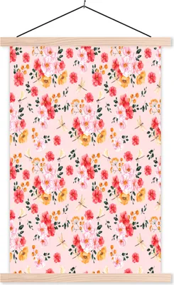 Produktbild von MuchoWow® Textilposter Blumen - Rosen - Muster 120x180 cm mit holzfarbenen Rahmen - Textil-Plakat