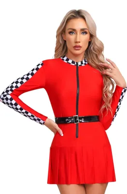 Produktbild von Damen Rennfahrer-Kostüm Gr. S – Slim Fit Langarm Minikleid mit Zipper & Gürtel für Halloween, Fasching, Karneval & Party