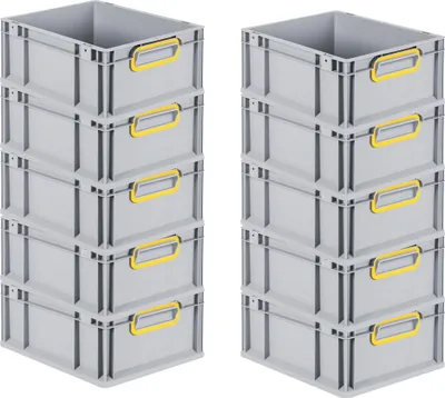Produktbild von SuperSparSet 10x Eurobox NextGen Color | HxBxT 17x30x40cm | 16 Liter | Griffe gelb geschlossen | Glatter Boden | Grau | Eurobehälter, Transportbox, Transportbehälter, Stapelbehälter