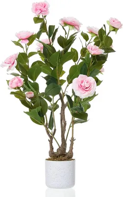 Immagine prodotto di Pianta di camelie artificiale - Albero in vaso, altezza 75 cm - 16 fiori - Poliestere - Pianta decorativa per interni e abitazioni - Rosa
