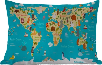 Produktbild von MuchoWow® Outdoor Kissen - Weltkarte - Kinder - Tiere - Gelb - Blau - Jungen - Mädchen - 60x40 cm - Wetterfest - Lounge Kissen - Zierkissen - Kissen für Innenräume