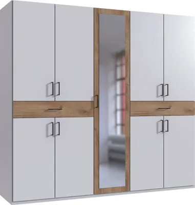 Image de Armoire Tibet à portes battantes, disponible en blanc miroir ou chêne planches