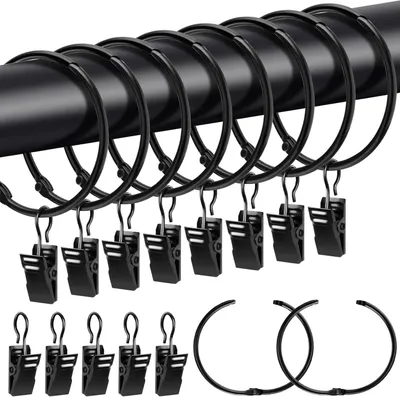 Produktbild von Gardinenringe mit Clips 20 Stück, 50 mm Innendurchmesser, Metall, schwarz, für Vorhänge