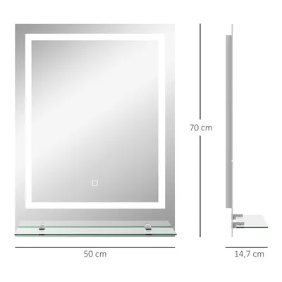 Image de kleankin Miroir Lumineux LED rectangulaire Miroir mural avec étagère de salle de bain 70 x 50 cm luminosité réglable anti-buée Interrupteur Tactile