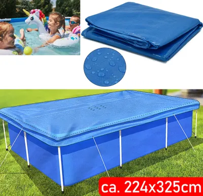 A collage of images showing children playing in a pool, a folded blue tarp with water droplets, and a blue pool cover on a rectangular frame pool.