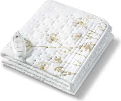 A folded electric blanket with a control unit attached.