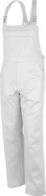 A white pair of overalls is shown against a white background.