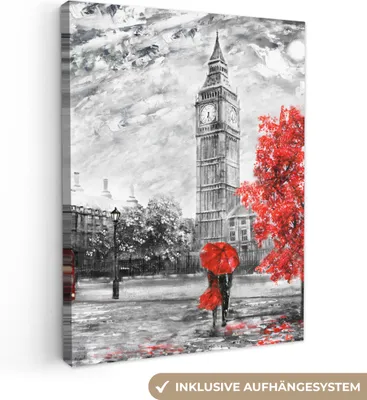 Zdjęcie produktu dla MuchoWow® - Obraz na płótnie - Malarstwo - Big Ben - Czerwony - Parasol, fototapeta, dekoracja ścienna, obrazy do salonu, 60x80cm