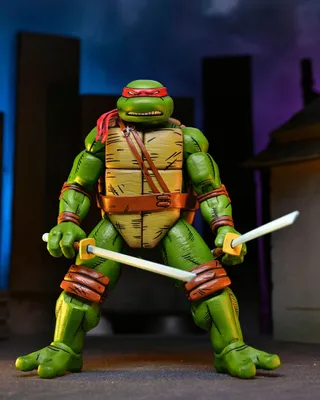 A Teenage Mutant Ninja Turtle action figure posed with swords in front of a city-like backdrop.