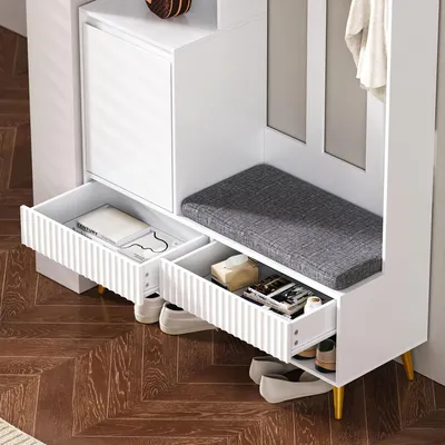 Immagine prodotto di Set guardaroba Fortuna Lai, appendiabiti da parete, set guardaroba da ingresso con panca porta scarpe, set guardaroba con 4 ganci appendiabiti, due cassetti e 1 anta, bianco, 100 Lx35Px180H cm