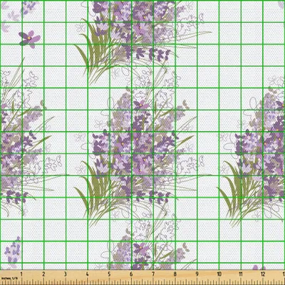 Produktbild von ABAKUHAUS Violett Gewebe als Meterware, Frühlings-Themed Isolierte Lavendel Lila Blumen-Layout Neben Schmetterlinge, 10 M (148 x 1000 cm), Weiß und Mehrfarbig
