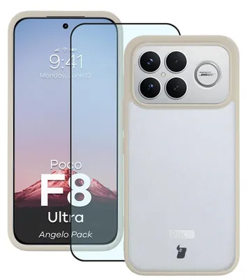 Produktbild von Schutzhülle + gehärtetem Glas für Xiaomi POCO F8 Ultra, Bizon Angelo Pack, Semitransparent mit beigem Rahmen
