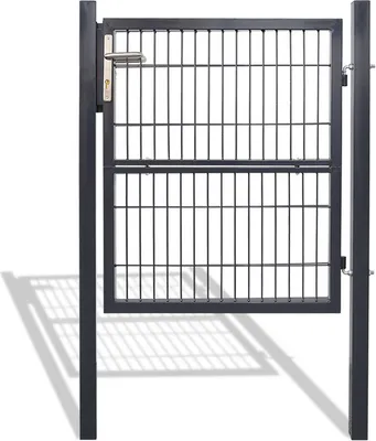 A dark gray metal garden gate with a silver handle and lock mechanism, shown in an open position against a white background. The gate is made of vertical bars and horizontal supports, with a shadow cast on the ground.