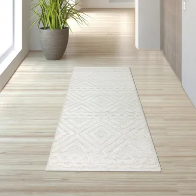 Immagine prodotto di Tappeto da salotto Boho a pelo lungo con motivo a rombi e cerchi, colore crema - Dimensioni: 80 x 150 cm