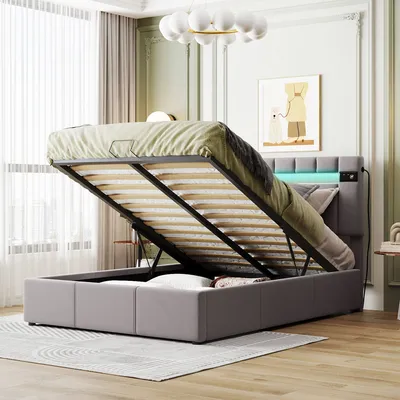 Immagine prodotto di Letto imbottito okwish 140x200 con striscia luminosa a LED, lettore Bluetooth e ricarica USB, letto matrimoniale idraulico in velluto con contenitore e rete a doghe per adulti e ragazzi, grigio