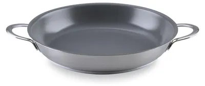 A gray frying pan with two silver handles is shown against a white background.