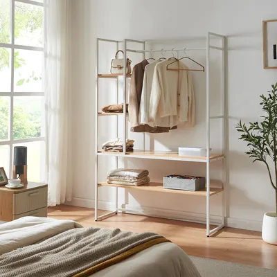 Image de Portemanteau 'Horgau' cadre métallique avec 1 tringle, 3 compartiments, 2 étagères aspect chêne / blanc