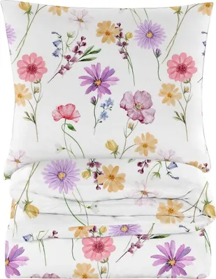 Produktbild von Bettwäsche - 155x200 cm - Bettbezug und Kissenbezügen Set - Weiß - Gemalte Blumen - Mikrofaser Baumwolle - 2 Kissenbezüge 70x80 cm