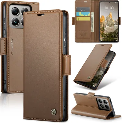 Image de Etui pour Xiaomi 14T, carte de blocage RFID, étui en cuir avec fonction stand Marron