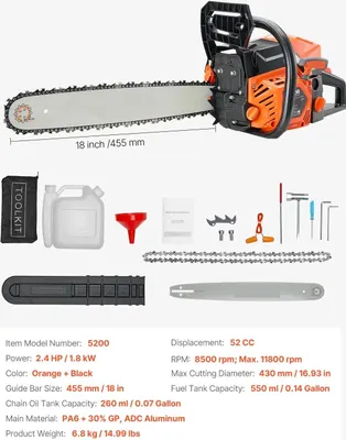 Obrázek produktu pro Plynová řetězová pila, motor 52 cm3, protiskluzová rukojeť, 18 palců 52 cm3