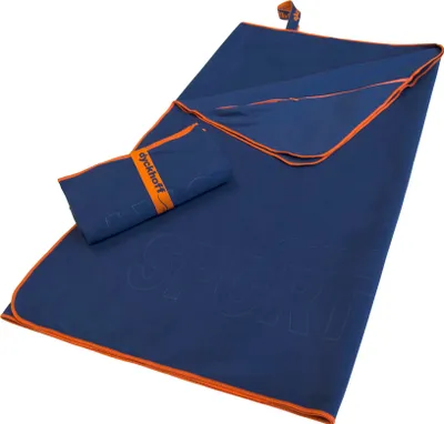 A folded and unfolded navy blue microfiber towel with orange trim, laid out on a white background.