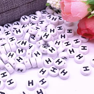 Produktbild von Buchstaben Perlen, 30 Stück, 4x7 mm, weiß mit schwarz, rund, Buchstabe H