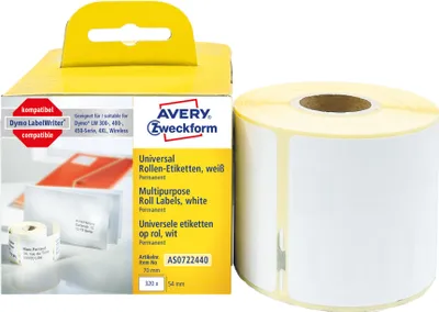 Produktbild von Avery Zweckform AS0722440, Rollen-Etiketten, 54 x 70  mm, 320 Etiketten / 1 Rolle, weiß