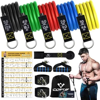 Produktbild von Resistance Bands Widerstandsbänder Set, 5 Fitnessbänder Expander Tube Bands, Fitnessband mit Großem Griff Knöchelriemen Türankerbefestigung