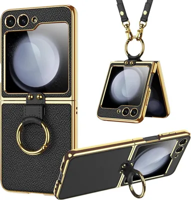 Immagine prodotto di Custodia per Samsung Galaxy Z Flip 6 / Z Flip 7 FE Cover rigida in pelle con design in plastica elettrolitica, protezione dello schermo e cinturino con supporto ad anello nero