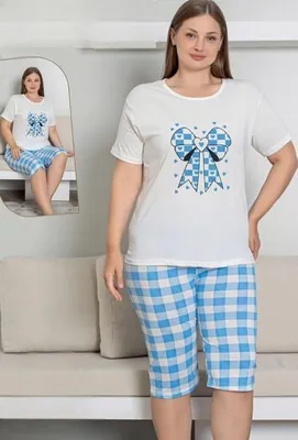 Produktbild von Damen Große Größen Pyjama Bermuda Weiß 3XL Kurz Baumwolle 2 Teiler L-97
