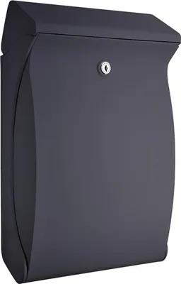 A dark gray mailbox is shown against a white background.