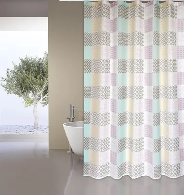 Produktbild von Cotexsa by MSV Premium Anti-Schimmel Textil Duschvorhang - Anti-Bakteriell, waschbar, 100% wasserdicht, mit 12 Duschvorhangringen - Polyester, „Ceramique“ weiß blau 180x200cm –  Spain