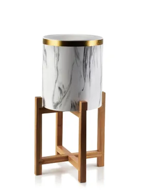 Produktbild von Übertopf auf Ständer Ava aus Keramik Holz braun / weiß / grau / gold 40cm x 18cm