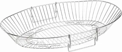 A wire rack for a roasting pan, shown from a slightly elevated side angle against a white background.