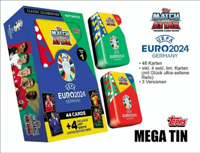 A product shot of a UEFA EURO 2024 Match Attax Mega Tin, featuring the product packaging and two smaller tins, along with descriptive text and logos.