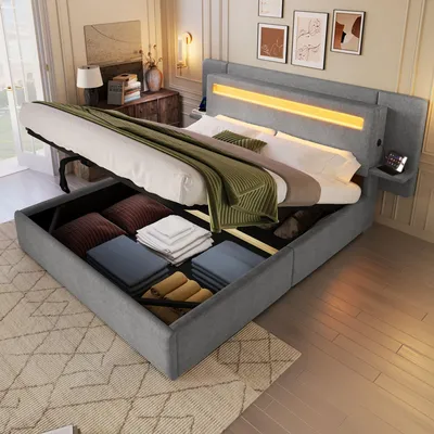 Productafbeelding van Merax gestoffeerd bed 140x200 cm, tweepersoonsbed met hydraulische opbergruimte, LED-verlichting, geïntegreerd nachtkastje en USB-aansluiting, laag bed, grijs