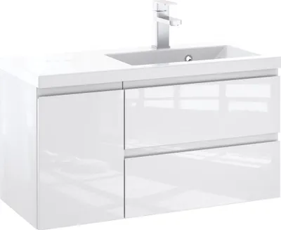 Produktbild von Furni Badunterschrank 90 cm Rechts Weiß Hochglanz lackiert – Vormontierter Waschbeckenunterschrank mit Griffmulde, Hängend, 2 Schubladen