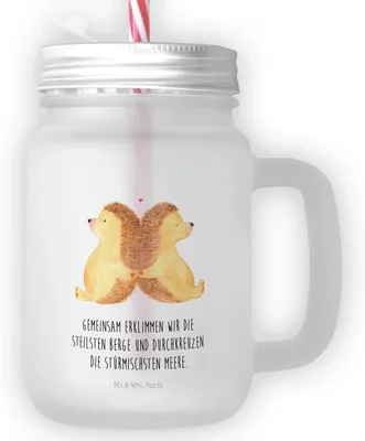 Produktbild von Mr. & Mrs. Panda Glas Igel händchenhaltend - Transparent - Geschenk, Verknallt, Beziehung, Glasbecher, Hochzeit, Love, Freundin, mit deckel, Mason Jar, Liebe, Becher