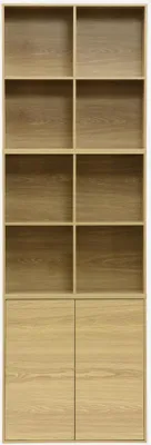 A tall, narrow, empty bookshelf with two doors at the bottom and eight open shelves above.