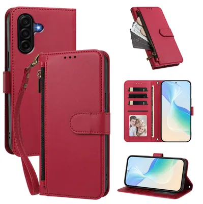 Image de Étui portefeuille pour Samsung Galaxy A57, en cuir PU, avec compartiments pour cartes, support et dragonne. Couleur : rouge